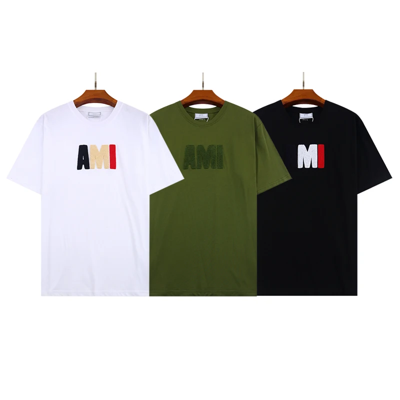 

2022 new trendy brand AMI summer dress new plush embroidered letter logo hit color stripe trend casual loose fashion short-sleev