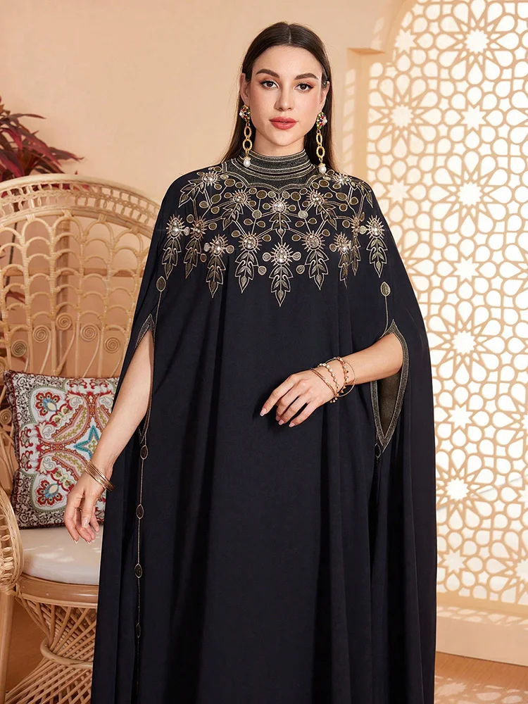 TOLEEN-Женское Платье макси с вышивкой воротник-стойка рукав-накидка роскошь