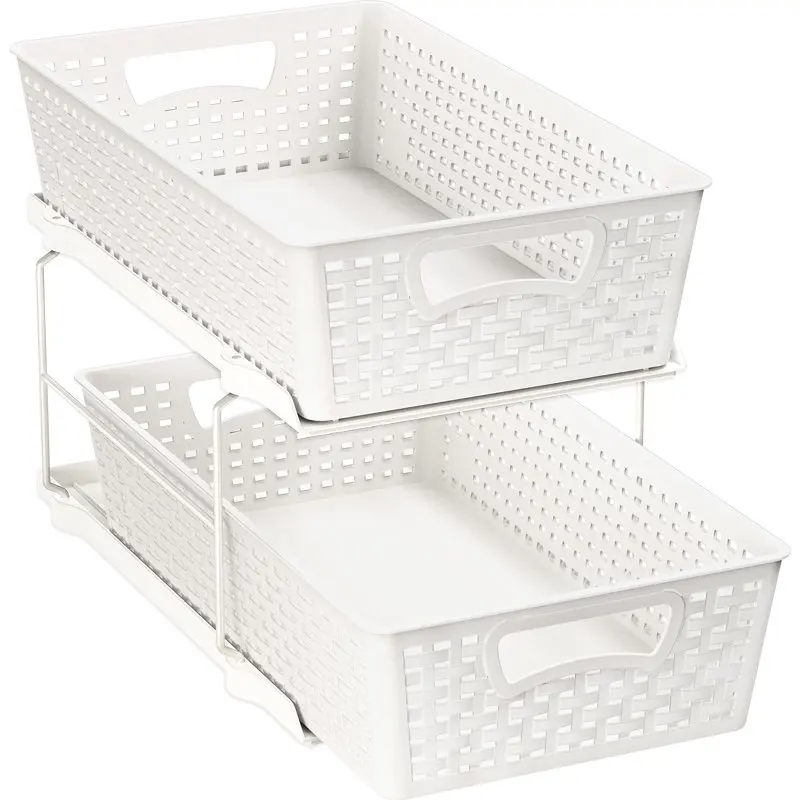 

SimpleHouseware 2 Tier Bathroom Organizer Tray Pull-Out Sliding Drawer/Under-Sink Storage, White