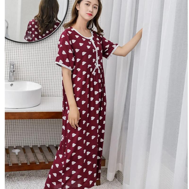 Big Yards Nightdress Women Cotton Lace Nightgown Polka Dot Short Sleeve Lingerie Nightwear Pajamas Home Dressing Gown Sleepshirt
