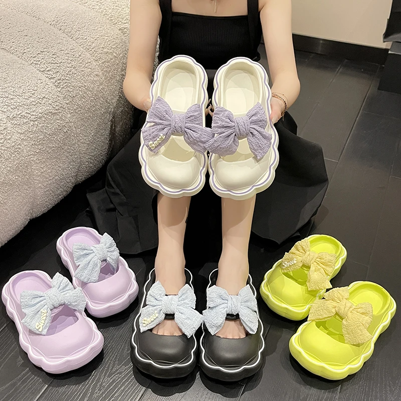 

Классические пляжные тапочки для женщин, базовая повседневная обувь на плоском среднем каблуке, с бантом-бабочкой, летние шлепанцы