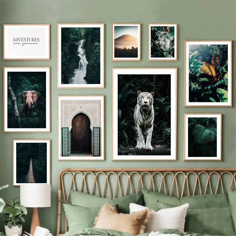 

Настенная картина с изображением джунглей, леса, пейзажа, тигра, плакаты и принты, тропические листья, фотография, нордический Декор для дом...