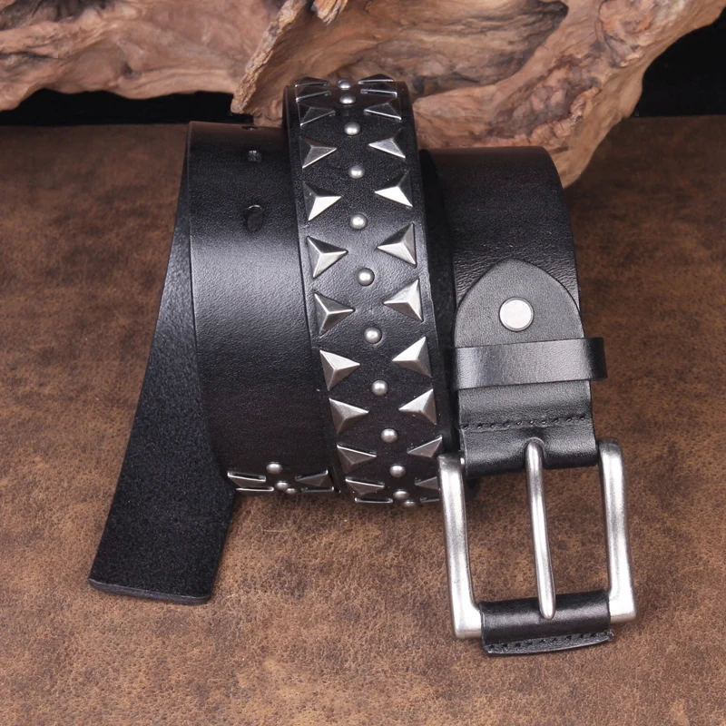 2023 Handmade Studded Heavy Metal Style Belt Genuine Leather Punk Rock Style Men's Belt Cowhide Retro Tactical belt Jeans Belt