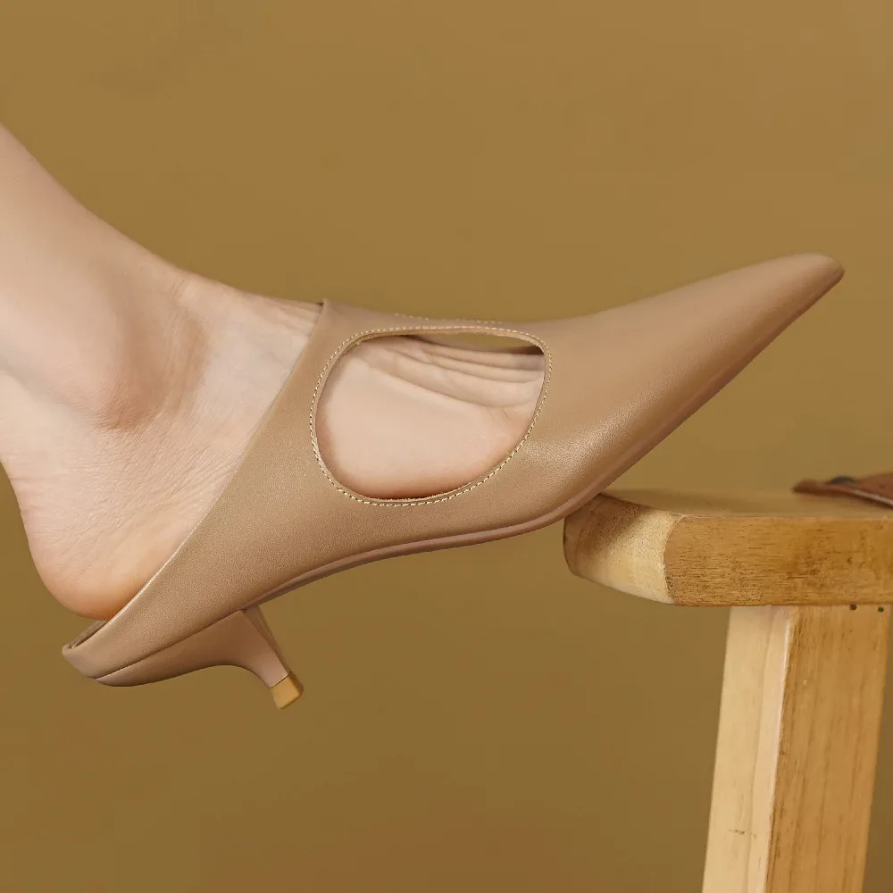 

Элегантные женские мюли на тонком низком каблуке 3 см с острым носком без застежек женские сандалии с вырезами 2023 летние классические туфли-лодочки обувь для женщин