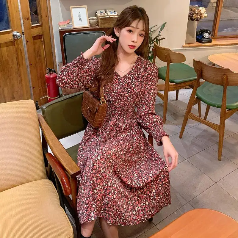 

WEIHAOBANG 2022 Spring Autumn Women New Design Color Chiffon Medium And Long Skirt Long Sleeve V-neck High Waist Slim Dress