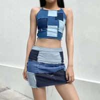 2021 summer vintage new drawstring jeans camisole patchwork blue denim crop top women sexy slim backless all match cami tops