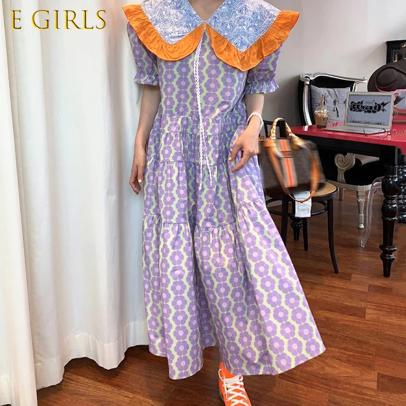 

E GIRLS Women Dress Summer Korean Chic Ladies Retro Lapel Contrast Stitching Floral Loose Puff Sleeve Large Swing Vestidos