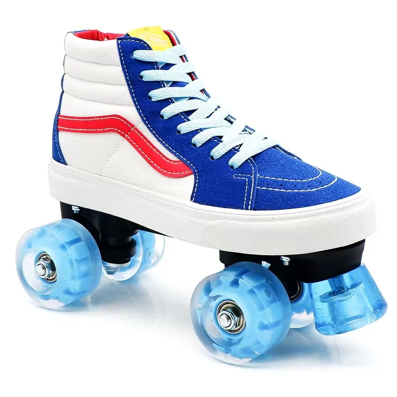 Women Men Canvas Blue and white Roller Skates Sliding Quad Sneakers Outdoor Beginner 2 Row Skating Shoes Patines With PU 4 Wheel