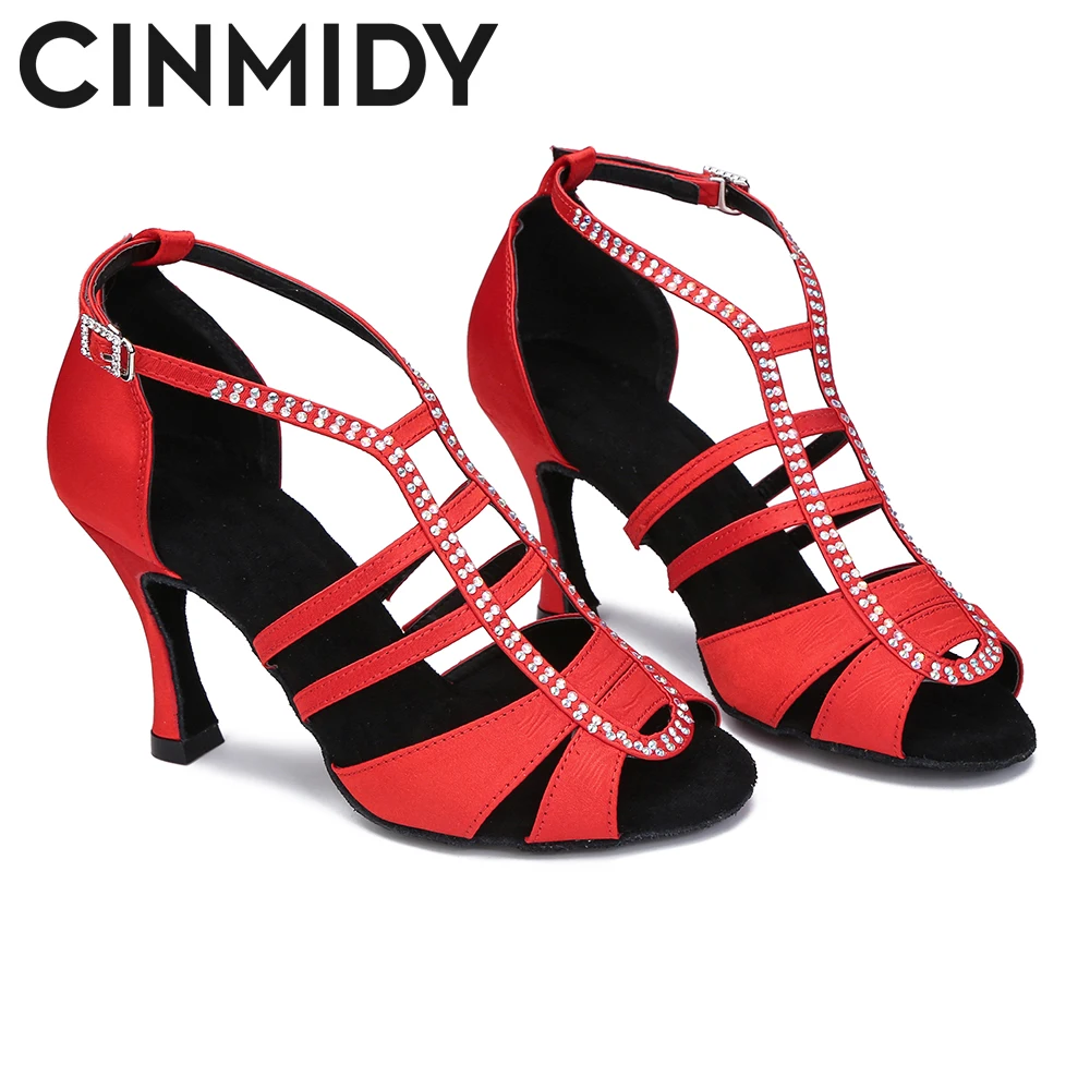 

CINMIDY Red Satin Latin Dance Shoes Woman Party Shoes Salsa Tango Ballroom Dancing Shoes Soft Bottom Women's Sandals
