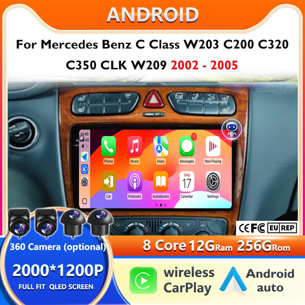 Фото Автомобильный радиоприемник для Mercedes Benz C-Class W203 C200 C320 C350 CLK W209 2002-2005 навигация GPS мультимедийный плеер стерео Android 15 №1