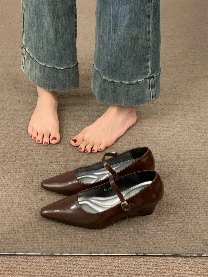 2024 коричневые осенние женские повседневные балетки на танкетке модные с острым