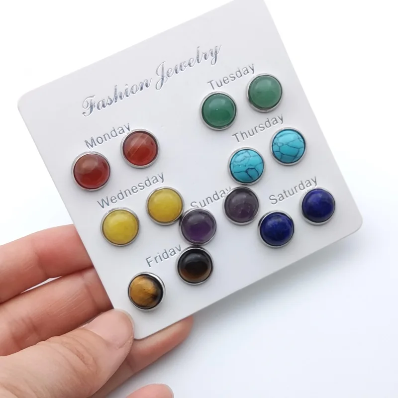 

7 Chakra Natural Stone Stud Earrings Healing Crystal Quartzs Round Ball Beads Fashion Ear Jewlry for Women Girl Wholesale