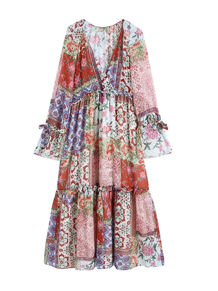 

Nlzgmsj ZBZA 2022 Woman Long Sleeve With Bow High Waist Holiday Dresses Bohemia Buttons V neck Floral Print Boho Dress 202203