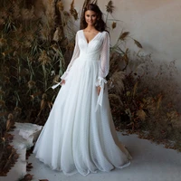 classic v neck long sleeves tulle wedding dress for women bows button decoration bridal gown ruched pleats robe de mari%c3%a9e