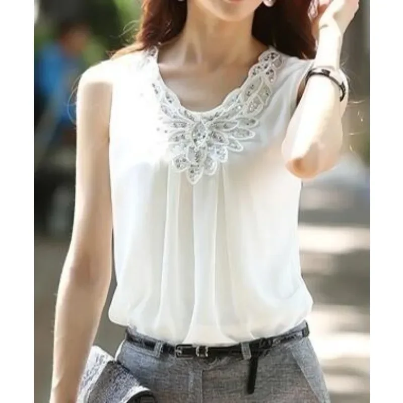 Женская шифоновая кружевная блузка без рукавов