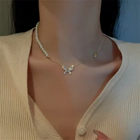 electroplated korean fashion simple necklace pearl micro inlaid zircon butterfly choker net red temperament design collar