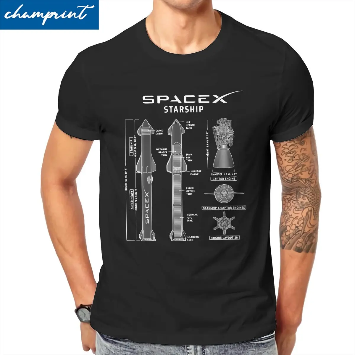 SpaceX Starship Blueprint  T-Shirts for Men  Novelty Cotton Tees Crewneck Short Sleeve T Shirt 4XL 5XL 6XL Tops