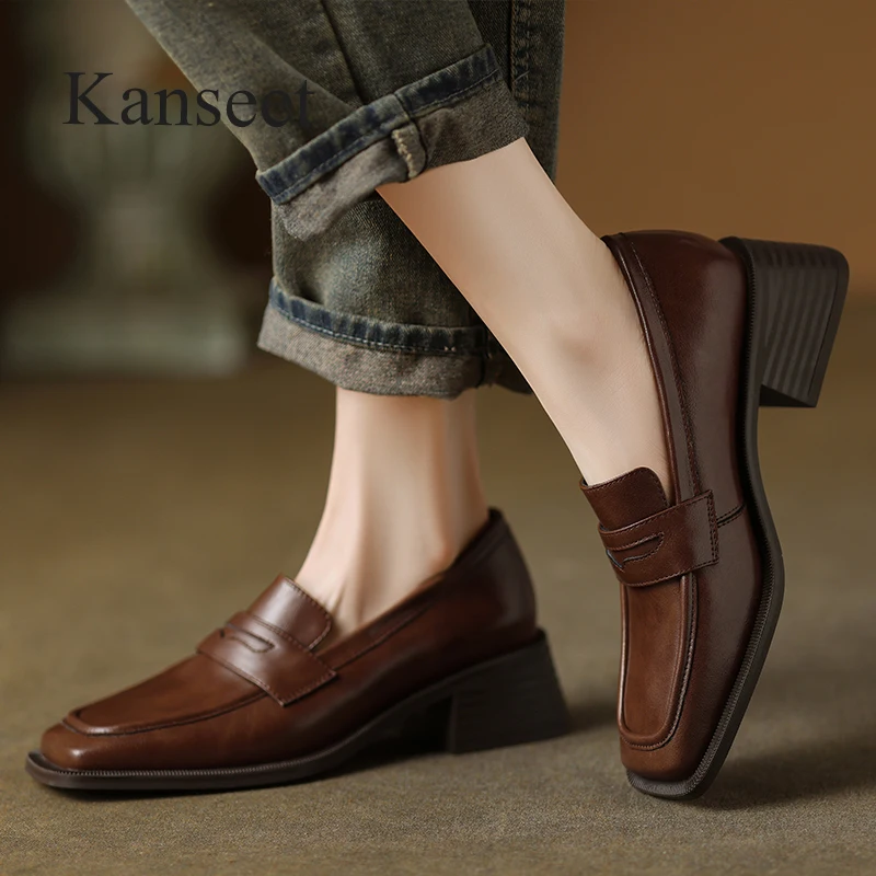 

Туфли Kanseet женские из натуральной кожи, повседневная обувь, квадратный носок, лаконичные, средний каблук, ручная работа, коричневые, весна-осень