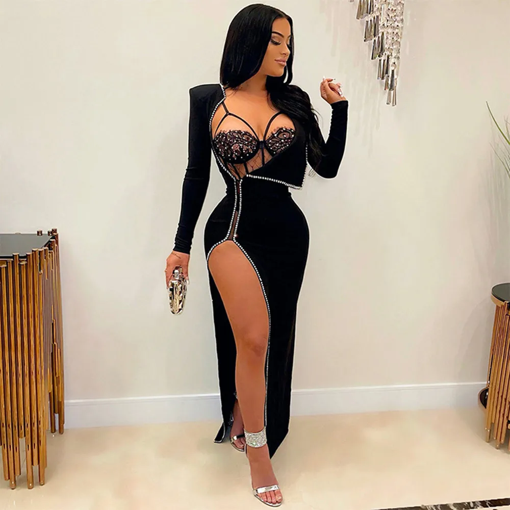 Women Sexy Prom Evening Dress Diamond Design Long Sleeve Elegant Party Dress Fashion Bodycon High Split Nightclub Dresses