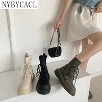 2022 winter shoes knitting women ankle boots thick bottom 5cm fashion lace up ladies short booties black woman casual boats new