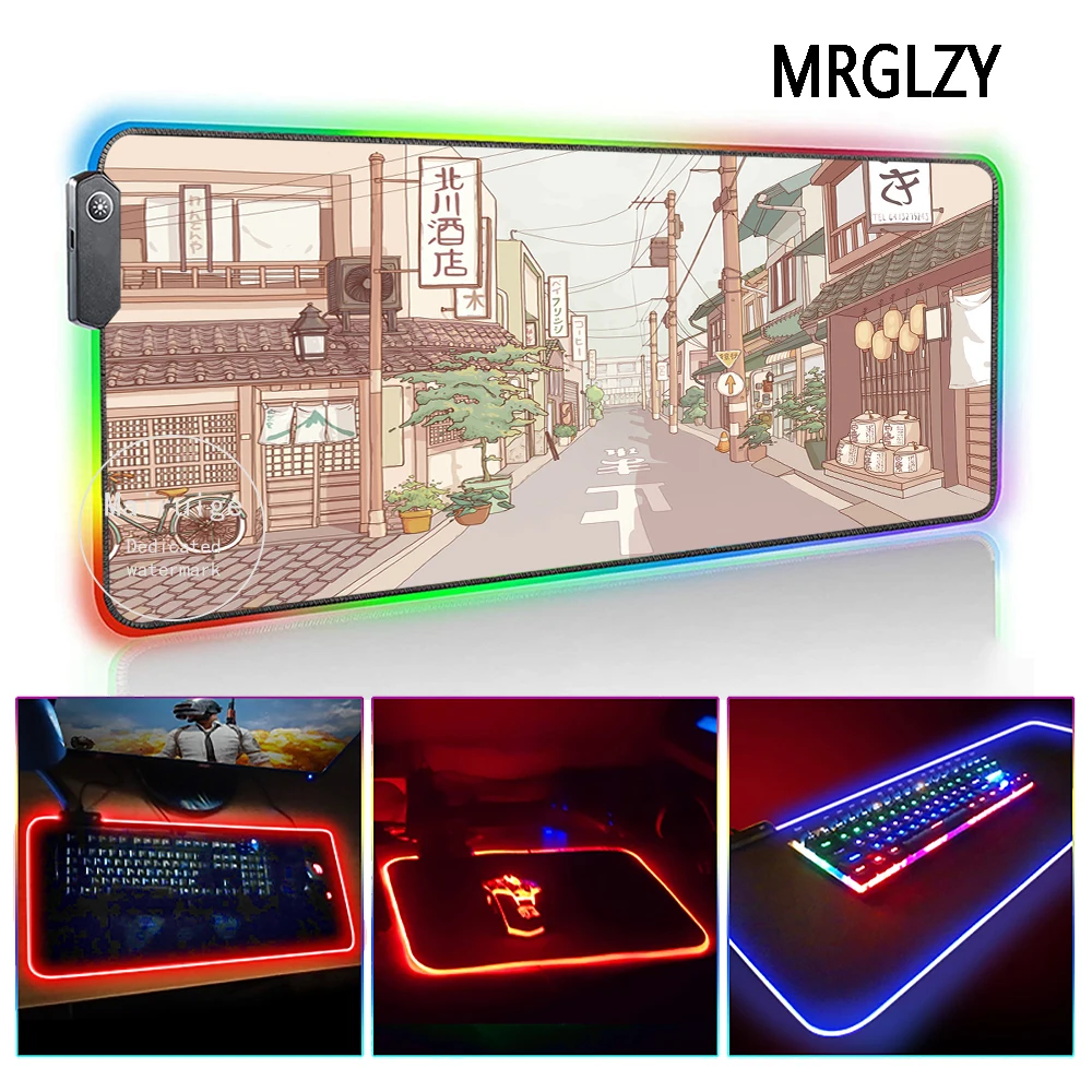 

MRGLZY Hot Sale Japanese Street LED Light RGB Big Mouse Pad XXL Genshin Impact DeskMat Gaming Accessories for PC Laptop Keyboard