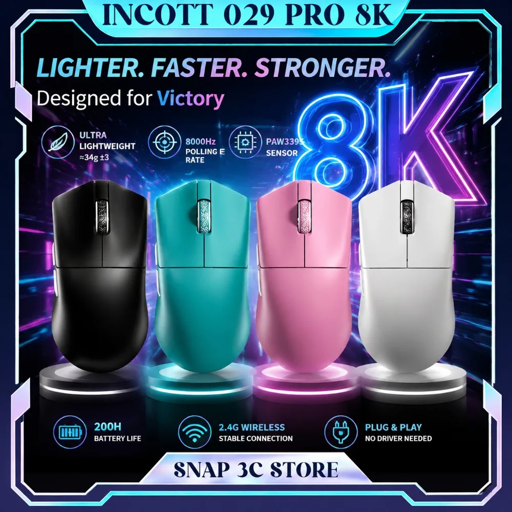 Фото Беспроводная игровая мышь Incott G029 PRO с частотой опроса 8K, три режима подключения, сенсоры PAW3950/PAW3395, легкая, эргономичная, аксессуары для мышей №2