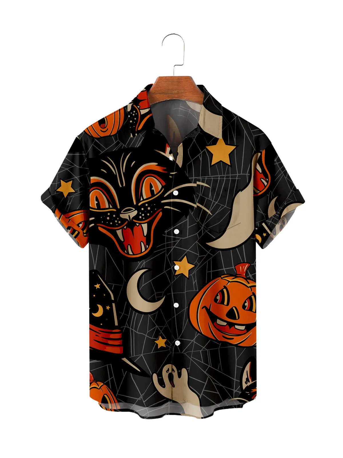 

2021 Men's Short Sleeve Lapel Shirt Large Size Halloween black cat 3D Printing Men's Top with Pockets