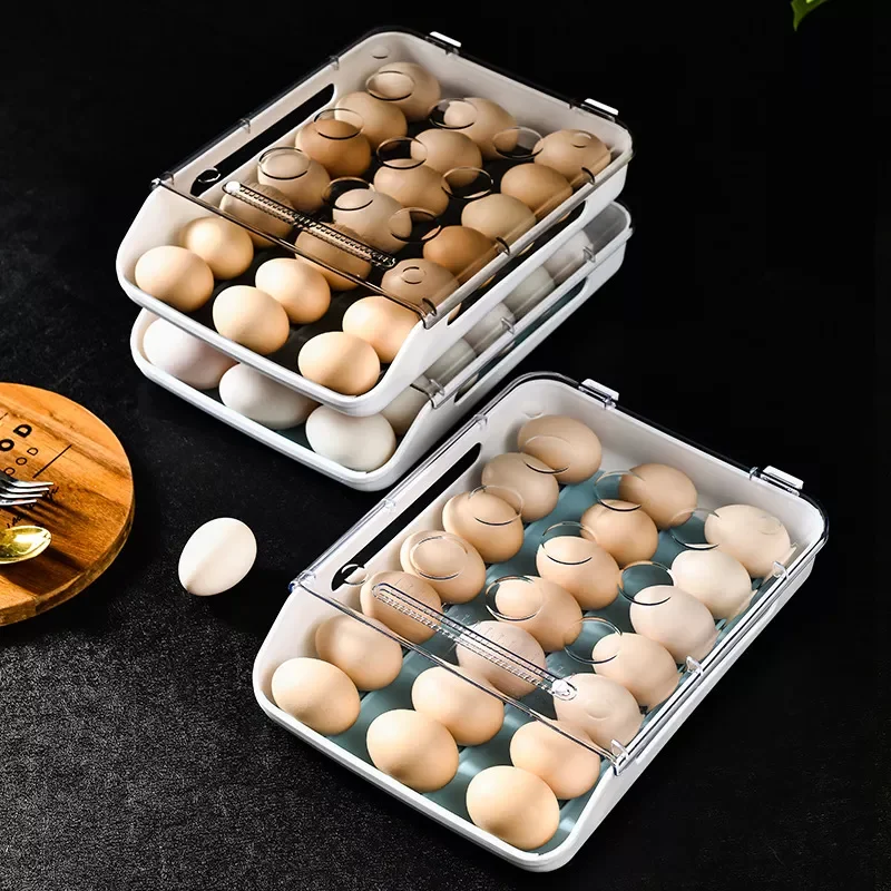 

NEW Automatic Rolling Egg Box Kitchen Items Refrigerator Storage Organizer Household Transparent Drawer Tray Space Saver