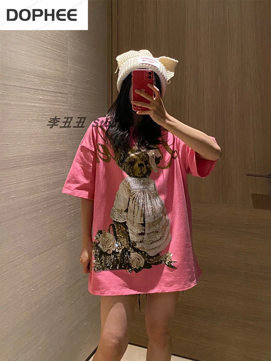 

Luxury Blingbling Hot Drilling Women Tshirt 2022 New Summer Pink Hairband Bear Cute Age Reduction Top Loose Short Sleeve T-shirt