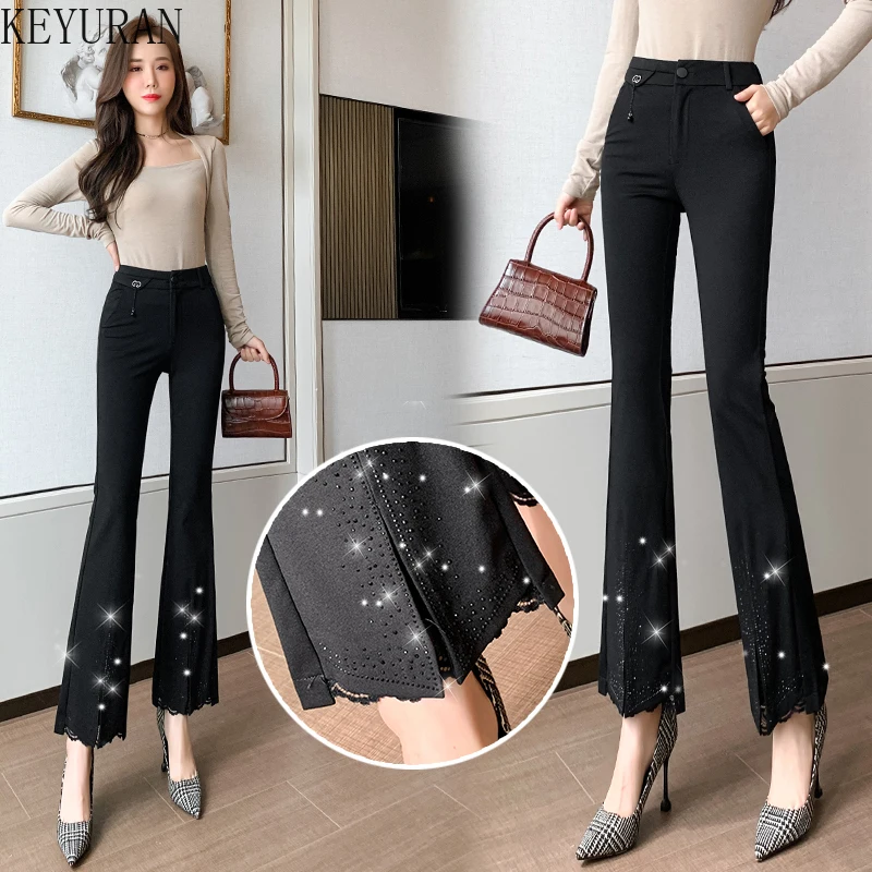 

Women Flare Pants 2022 Spring Summer Oversize Split Hot Drill Black Slim Casual Lace Trousers Ankle-length Pants Female