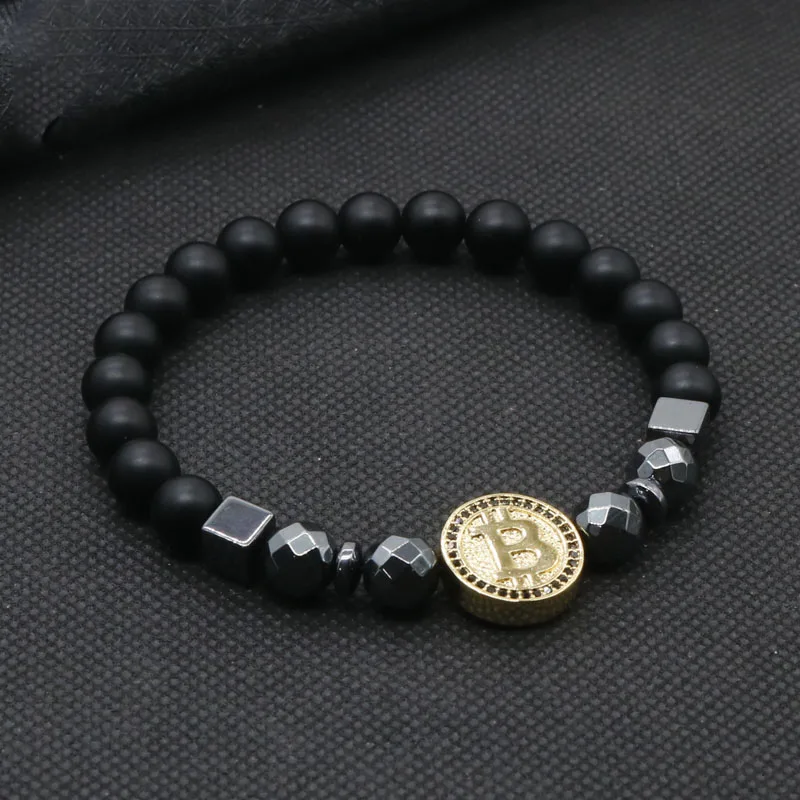 

Trendy Gold Color Paved Zircon Bitcoin Bracelet Men Black Matte Stone Beads Bracelet for Men Jewelry Pulseira Masculina