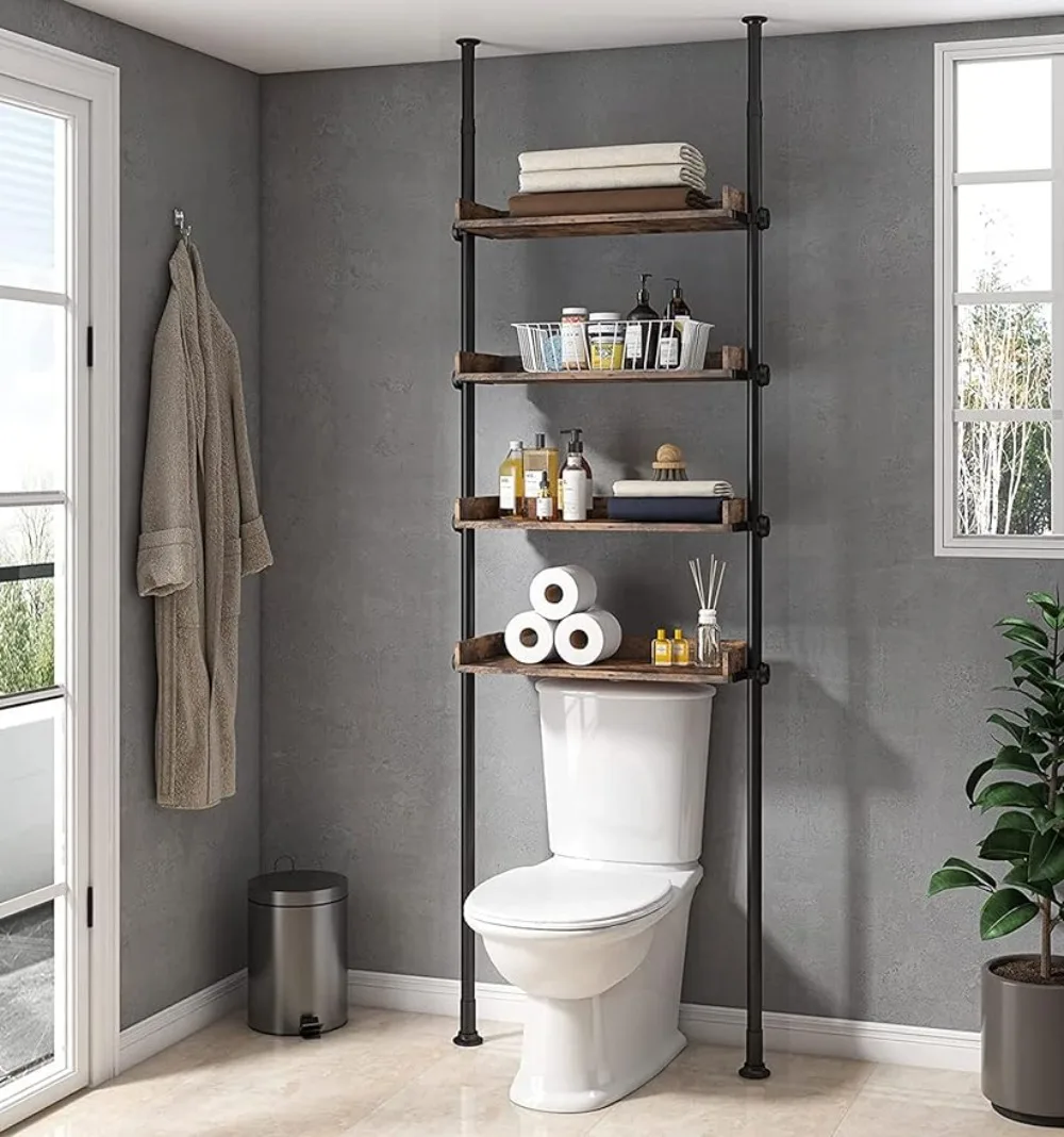 

4 Tier Over The Toilet Storage, Adjustable Wood Over Toilet Bathroom Organizer, Freestanding Shelves, 92 to 116 Inch Tall, Brown