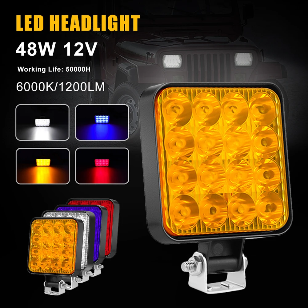 

12V Square LED Work Light Headlight for Car Truct Boat ATV 4x4 Tractor 48W Spotlight LED Pod 3030 Light Mini Offroad LED Bar