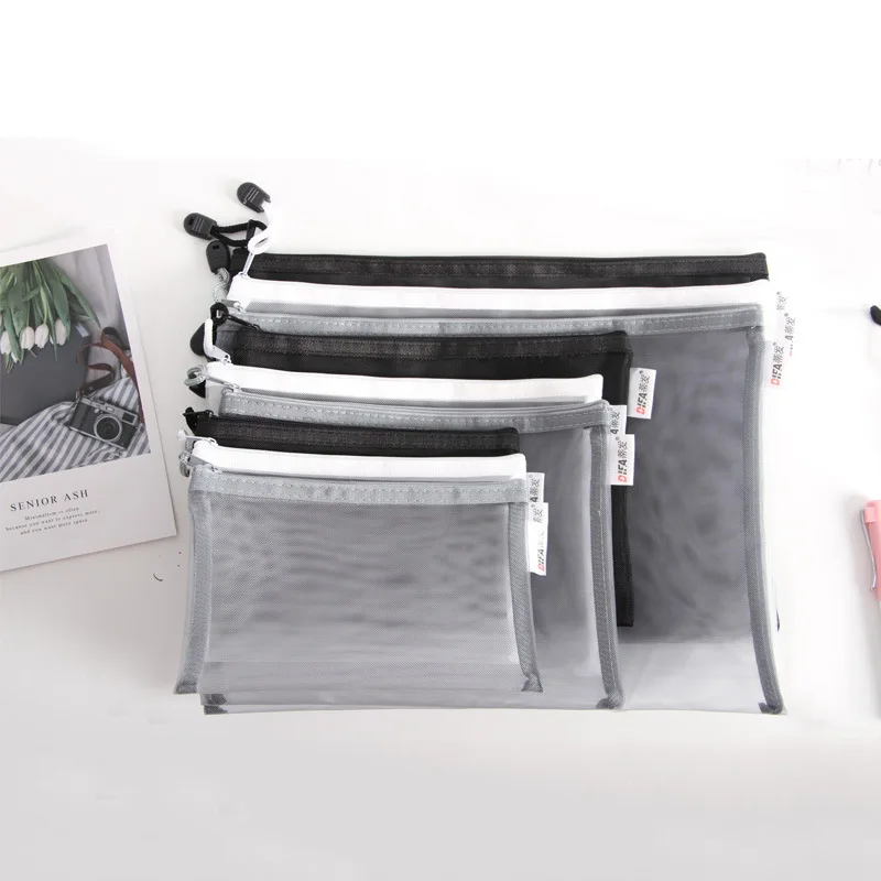 

1pcs A4a5a6 Gray Bag Pen Bag Net Zipper Simple Large Capacity Transparent File Bag for Student Office