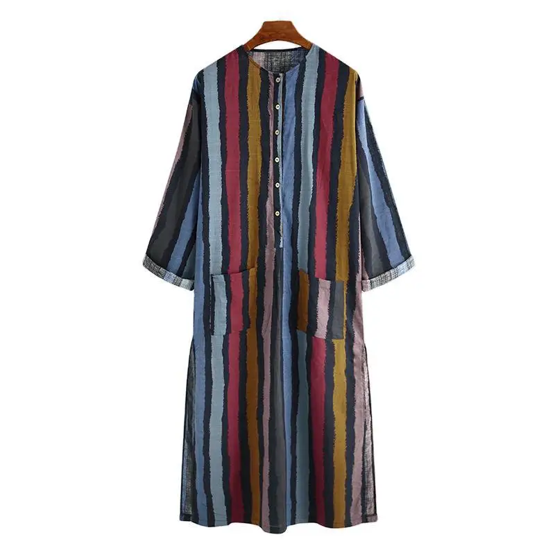 Men's Nightgown Robes Arabian Striped Shirt Ethnic Clothing Long Sleeves Retro Kimono House Skirt Cotton Bathrobe Lingerie