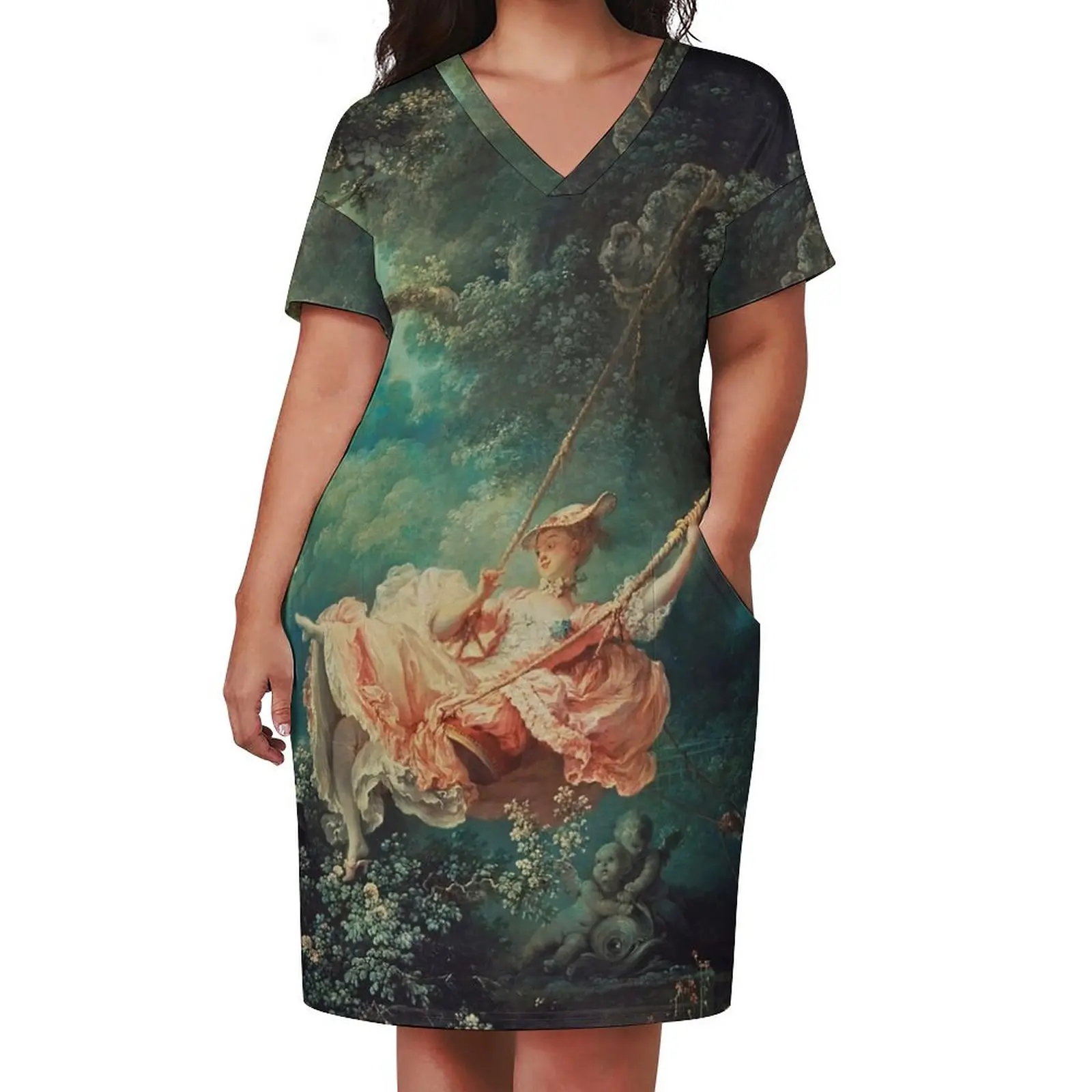 Женское свободное вечернее платье с карманами длинное свободного покроя принтом