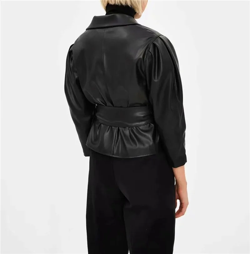 British Style Pu Leather Black Blazer Suit with Belt Women Commute Casual Short Blazers Autumn Winter Fashion Faux Leather Coats