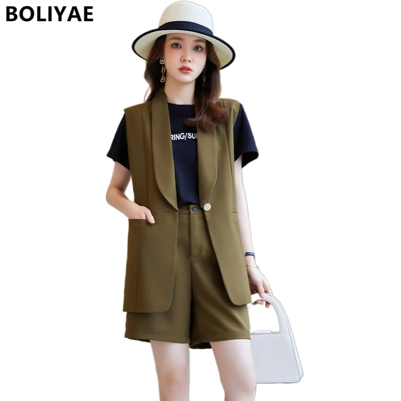 

Women Short Sleeve Solid Button Up Elastic Waist Blazer Tops and Pocket Shorts Set Elegant Office Ladies Suits Women Workwear