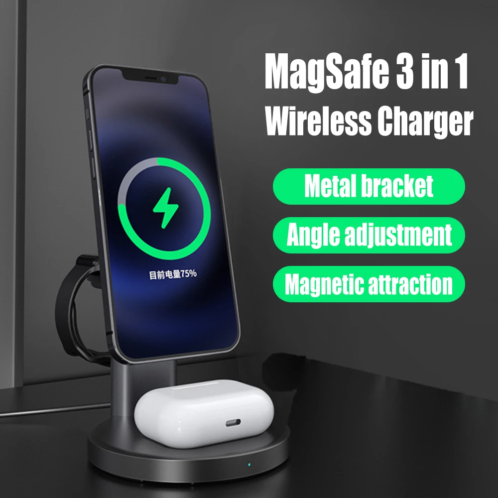 

3 in 1 Magnetic Wireless Charger Metal Stand Adjustable Angle 15W Fast Charge for MagSafe iPhone 13 12 Samsung Android iWatch