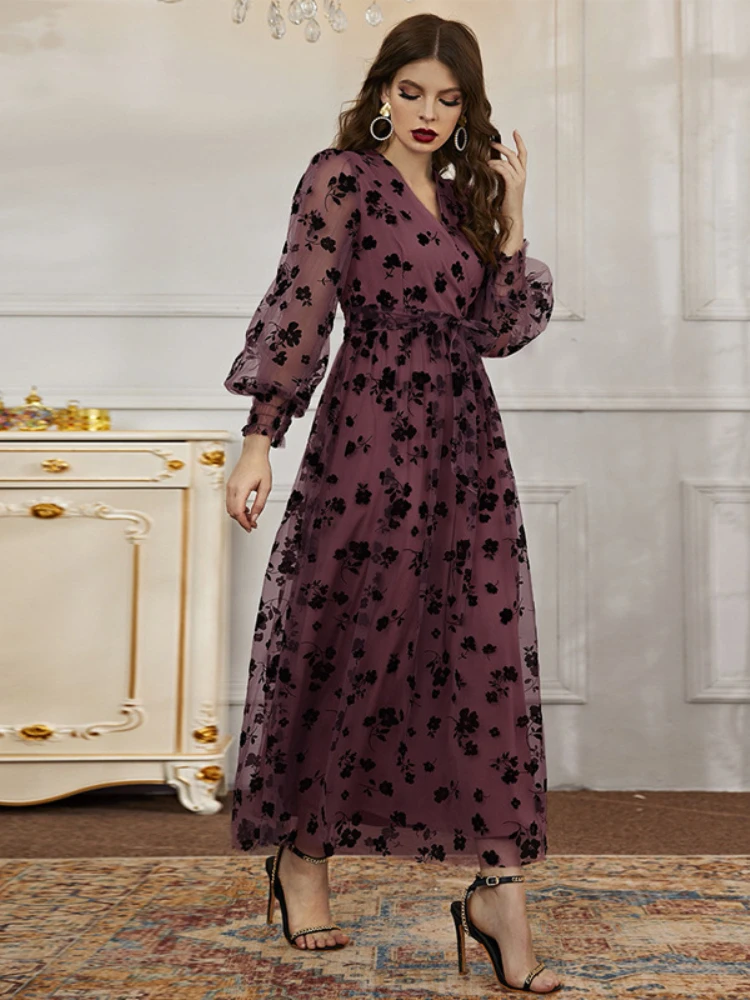 

Spring Summer 2023 New Sexy Fashion Leisure Evening Dress V-Neck Lace-up Long Sleeve Loose High Waist Floral Party Dresses
