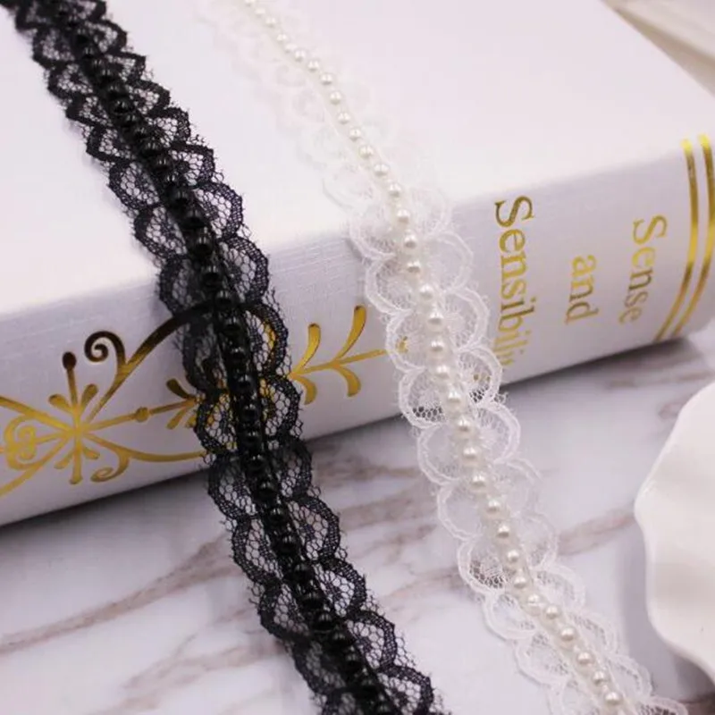 

1Yards High Quality Beaded Lace Fabric Trim 2cm Black And White Beaded Lace Wedding Dress Ribbon Guipure Lace Ribbons Craft QA19