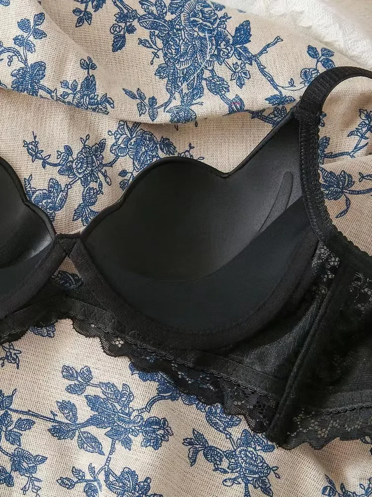 Petal cup bra and panty set thin cup bralette gathered brassiere with no mark finished with creamy white black girl underwear