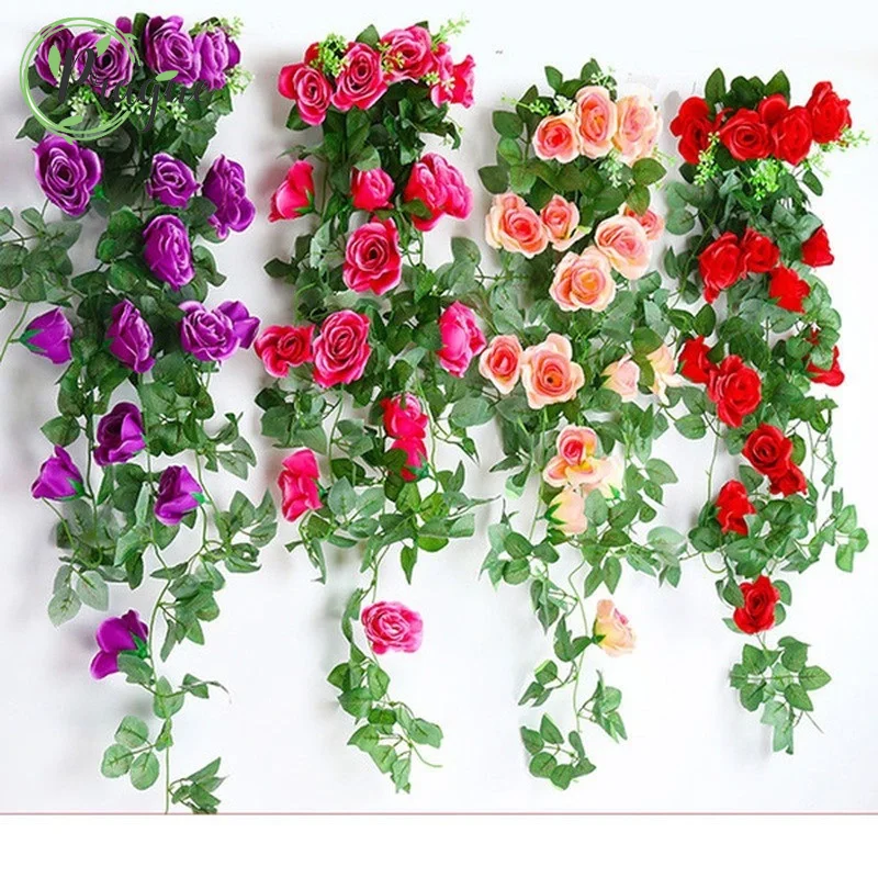

95cm Artificial Flower Rattan Fake Plant Vine Decoration Wall Hanging Roses Home Decor Accessories Wedding Decorative Wreath