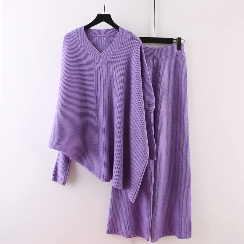 Casual Purple Knit Suit Women's Two-Piece Set Autumn Winter Female Outfit Loose V-Neck Irregular Pullover Sweater Wide Leg Pants
