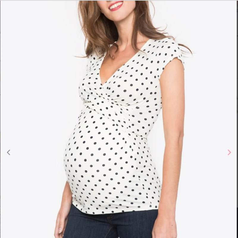 

YUQIKL Maternity Clothes Summer Short Sleeve Pregnant Breast-Feeding T-Shirt Polka Dots V-neck Nursing Tops For Woman