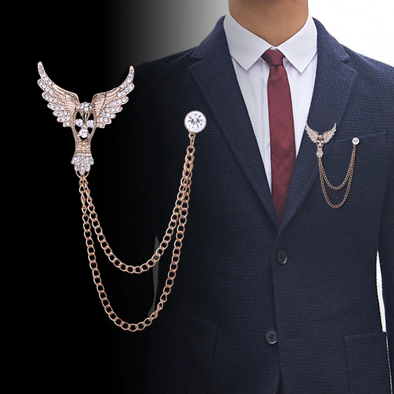 

New Rhinestone Eagle Wings Brooches Lapel Pin Crystal Tassel Chain Badeg Men's Suit Corsage Fashion Brooch Jewelry Gifts