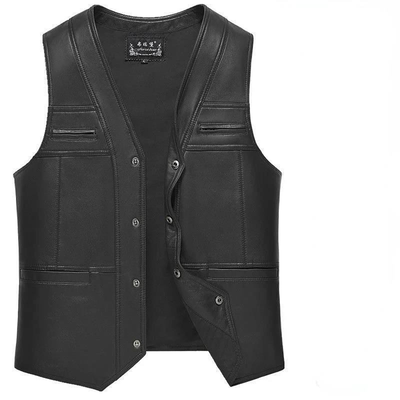 2023 New Winter Genuine Leather Vest Men Waistcoat Sleeveless Jacket Solid Color Motorcycle Pocket Middle-aged Fashion Coat M01