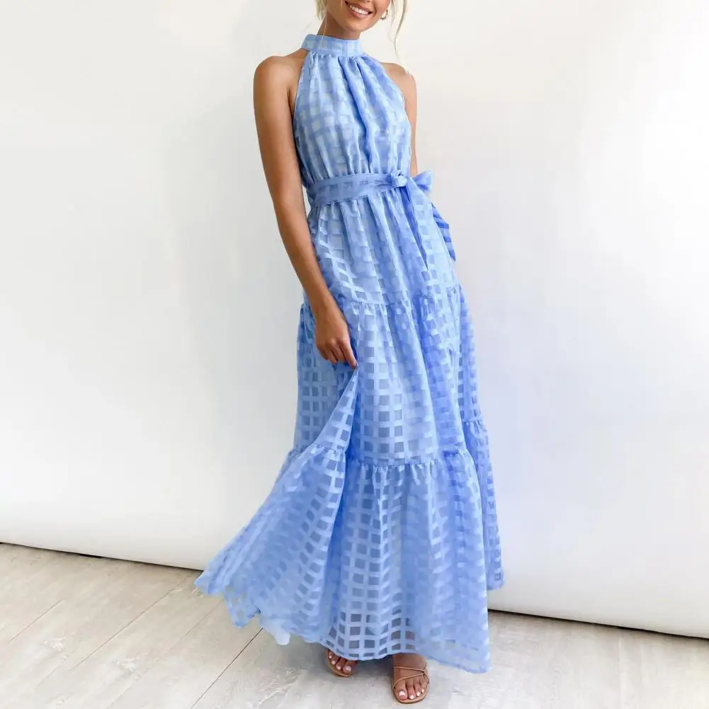 

Fashion Party Dress Tie Waist 3D Cutting Women Dress Ruffle Stitching Hem Beach Vest Dress