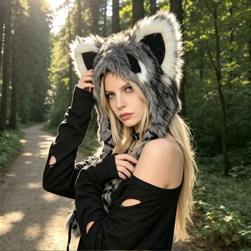 Фото Шапка из искусственного меха енота для Хэллоуина, косплея, панк-рок, плюшевая теплая шапка, костюм в стиле Y2k, аксессуары для карнавала и вечеринок. №5