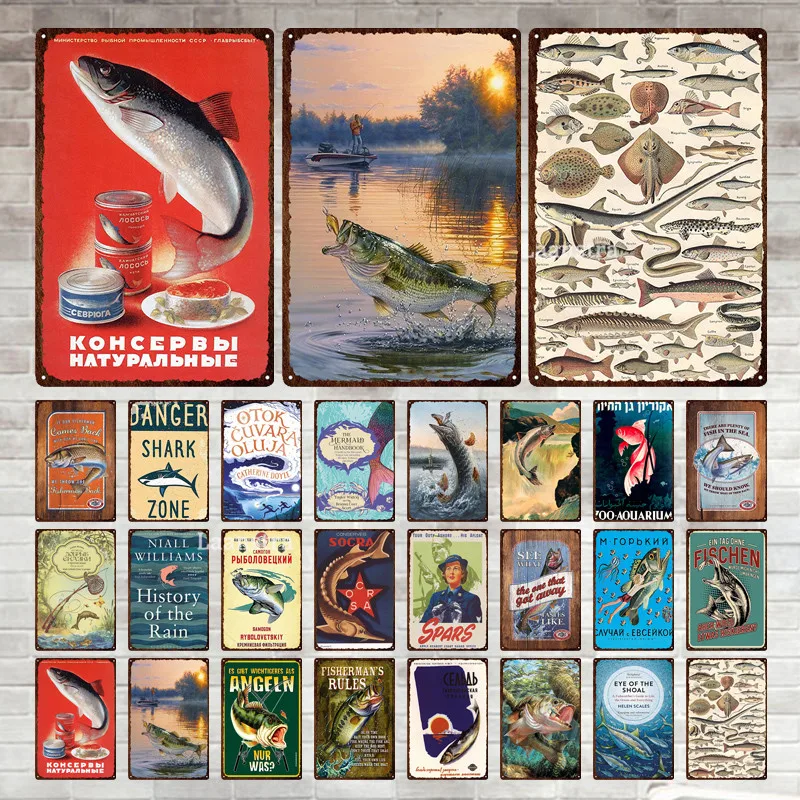 

Забавная рыба винтажный металлический знак правила рыбака опасная Акула зона Ретро жестяные пластины настенное Искусство украшение для до...